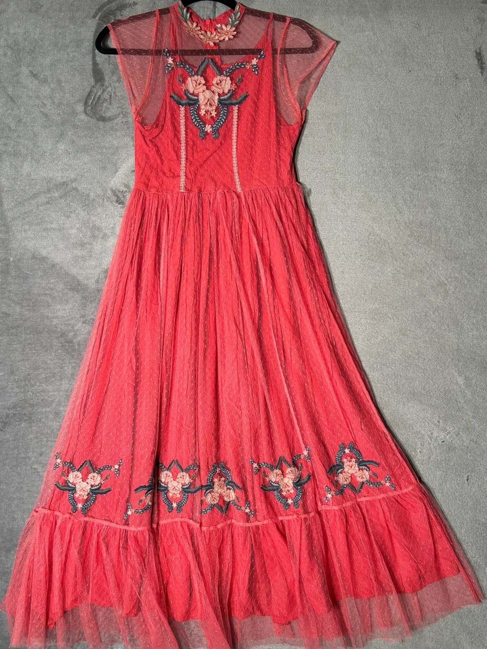 Coral pink embroidered dress with mesh lace insert & slip. #Princess#fairy#boho
